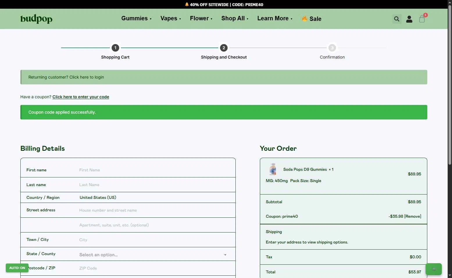 BudPop checkout page showing BudPop promo code box | Screenshot taken by SimplyCodes community member on Oct 7, 2025