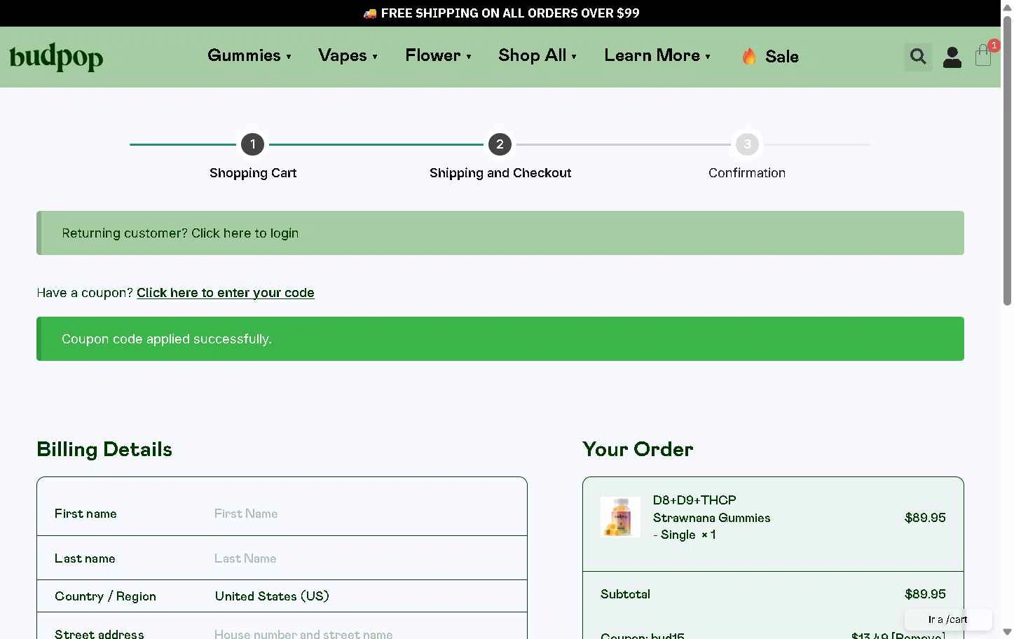BudPop checkout page showing BudPop promo code box | Screenshot taken by SimplyCodes community member on Dec 10, 2025