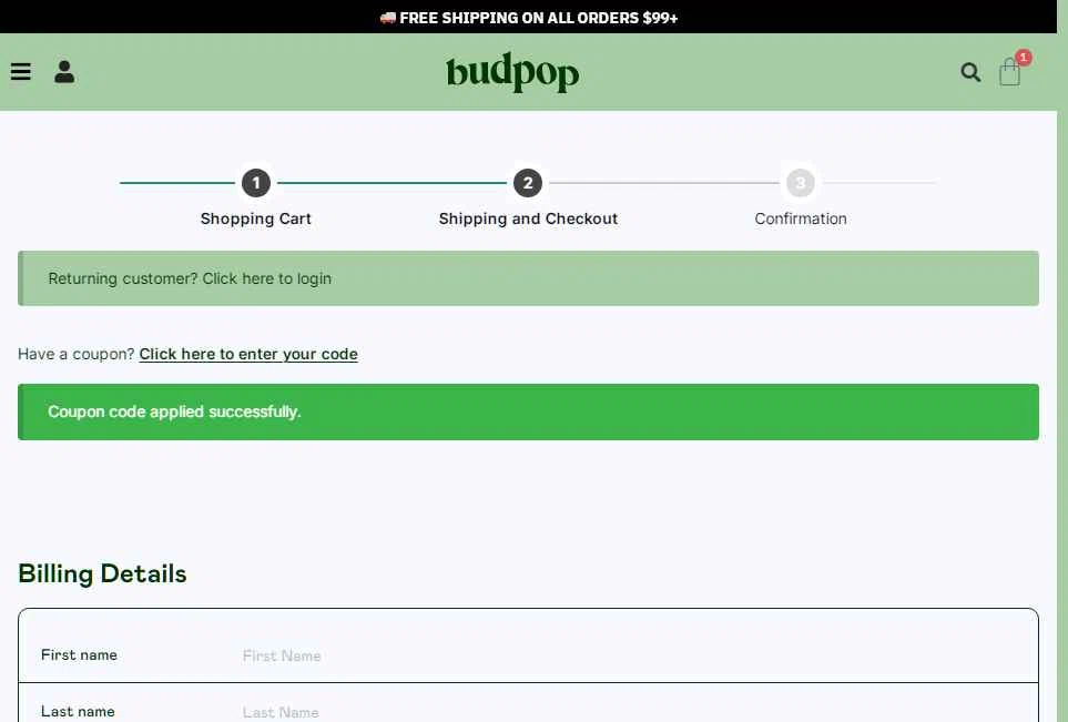 BudPop checkout page showing BudPop promo code box | Screenshot taken by SimplyCodes community member on Sep 29, 2025