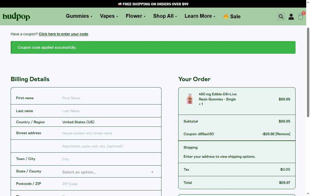 BudPop checkout page showing BudPop promo code box | Screenshot taken by SimplyCodes community member on Oct 17, 2025