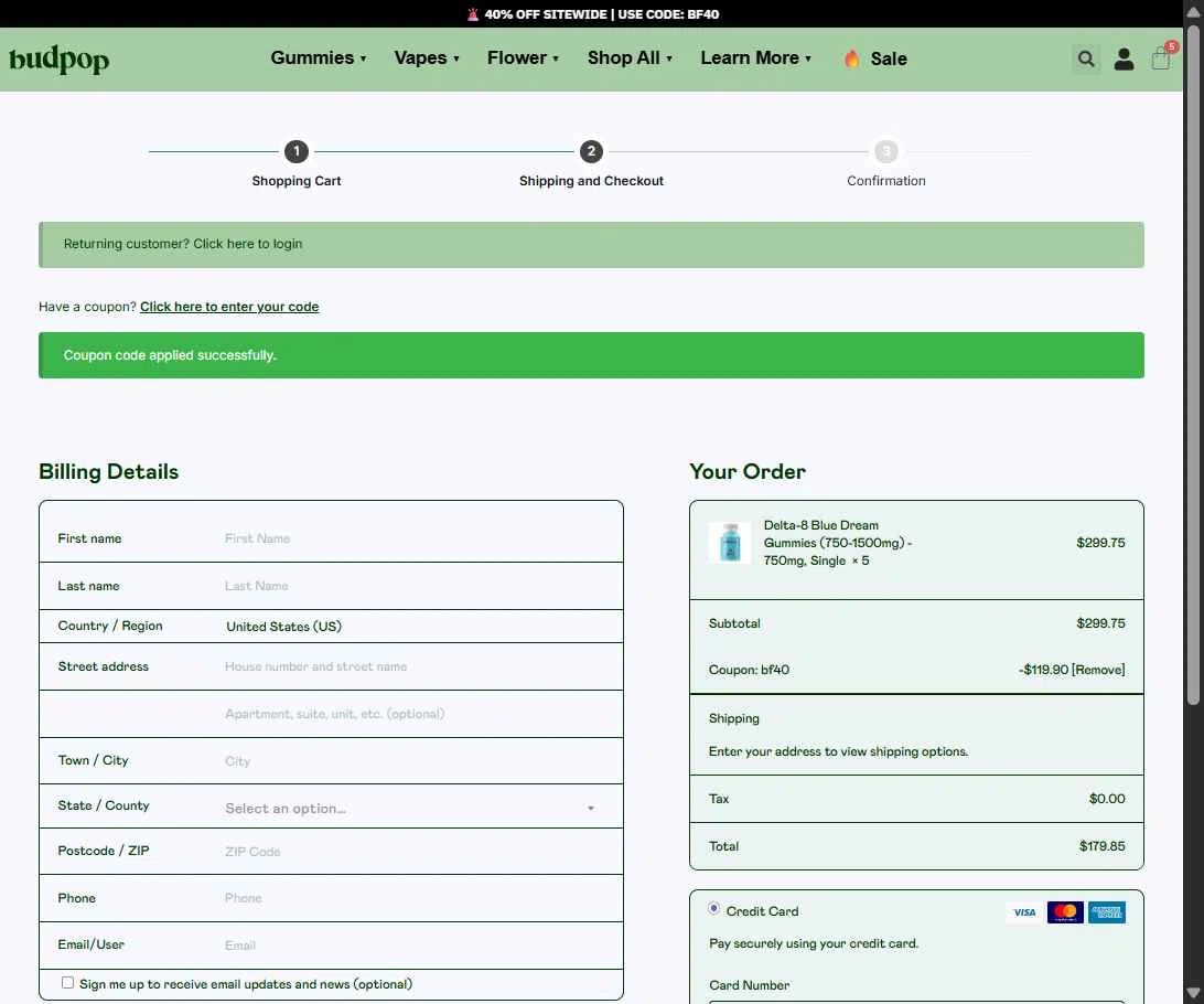 BudPop checkout page showing BudPop promo code box | Screenshot taken by SimplyCodes community member on Nov 23, 2025
