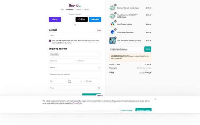 Buenospa checkout page showing Buenospa discount code box | Screenshot taken by SimplyCodes community member on Aug 31, 2025