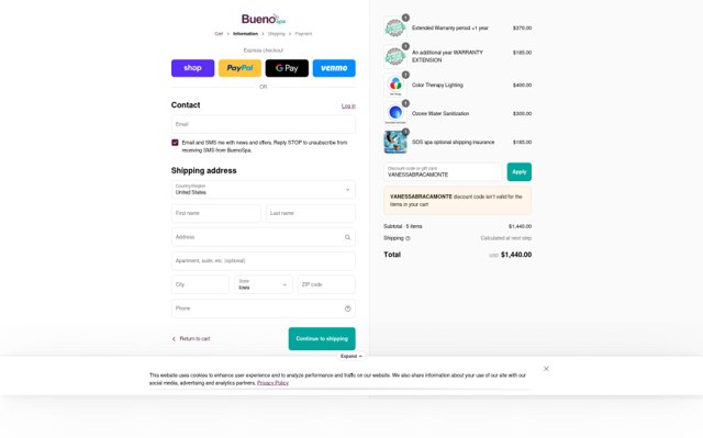 Buenospa checkout page showing Buenospa discount code box | Screenshot taken by SimplyCodes community member on Sep 4, 2025