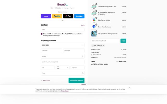 Buenospa checkout page showing Buenospa discount code box | Screenshot taken by SimplyCodes community member on Aug 31, 2025