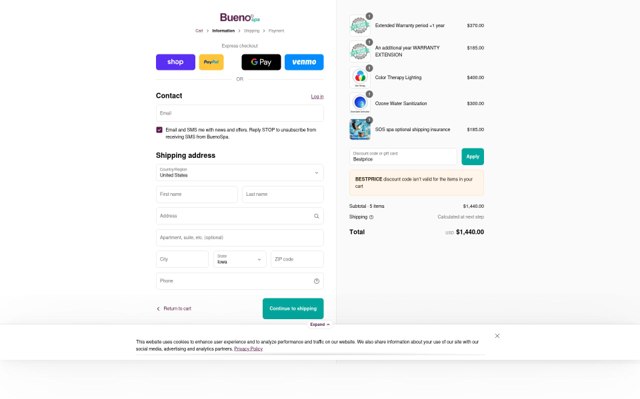 Buenospa checkout page showing Buenospa discount code box | Screenshot taken by SimplyCodes community member on Sep 4, 2025