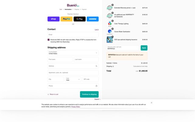 Buenospa checkout page showing Buenospa discount code box | Screenshot taken by SimplyCodes community member on Aug 31, 2025
