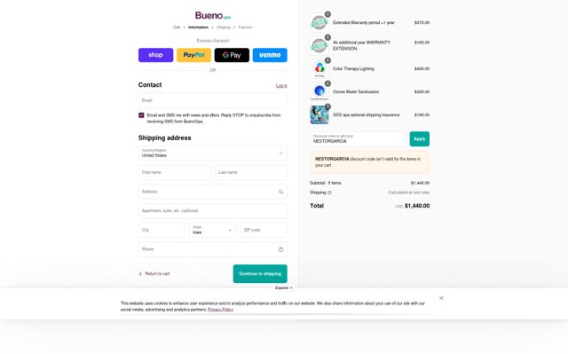 Buenospa checkout page showing Buenospa discount code box | Screenshot taken by SimplyCodes community member on Aug 31, 2025