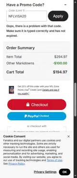 NFLVISA20 coupon verification screenshot