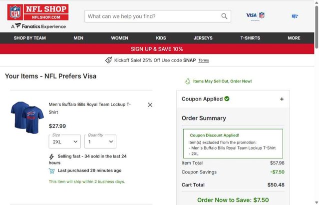 Buffalo Bills checkout page showing Buffalo Bills promo code box | Screenshot taken by SimplyCodes community member on Sep 5, 2025