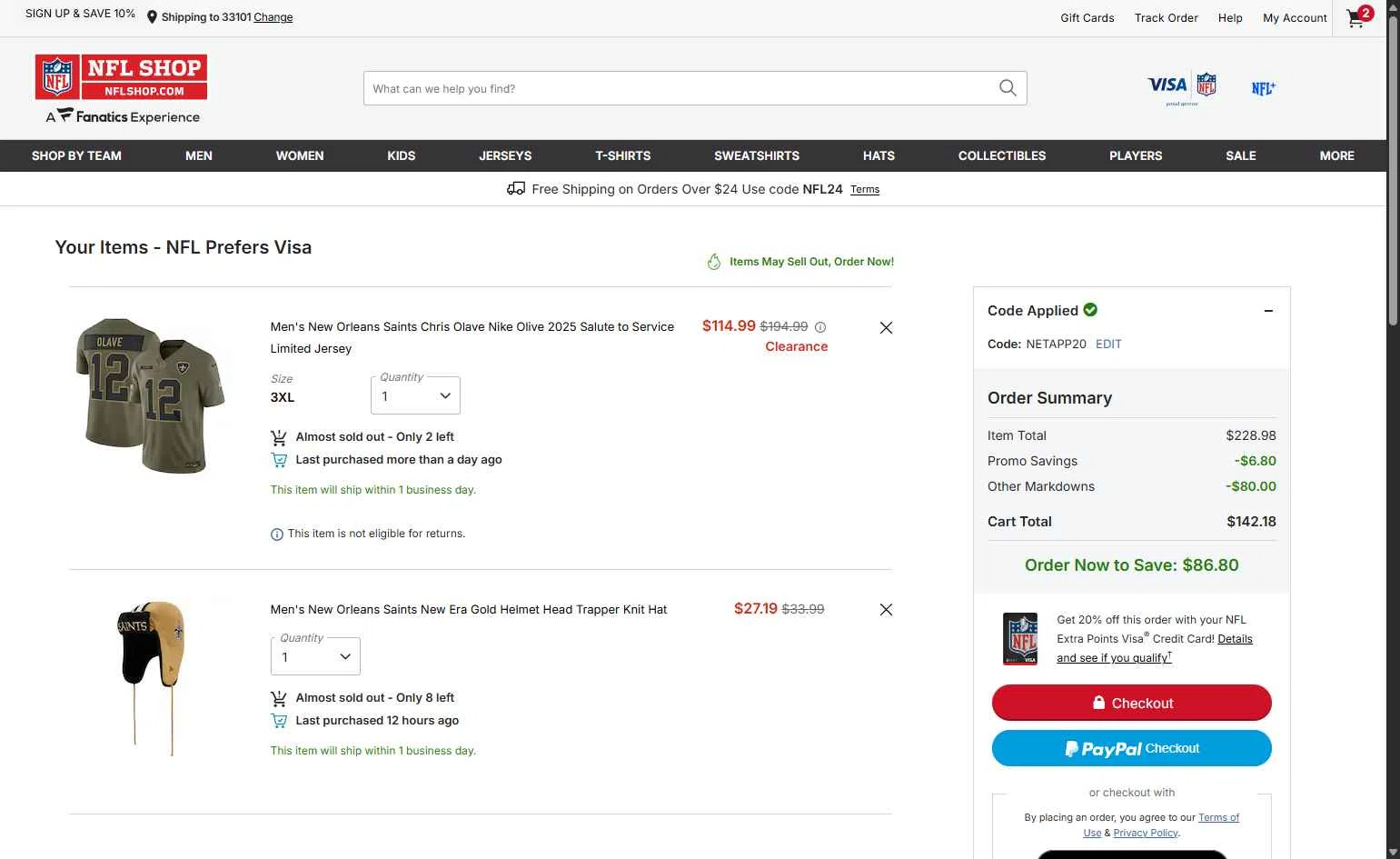 Buffalo Bills checkout page showing Buffalo Bills promo code box | Screenshot taken by SimplyCodes community member on Jan 11, 2026