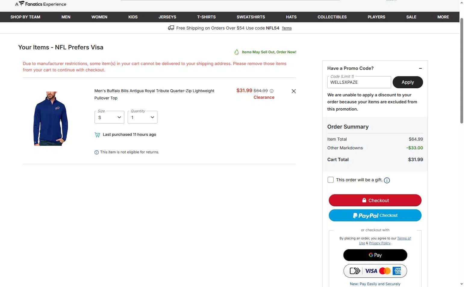 Buffalo Bills checkout page showing Buffalo Bills promo code box | Screenshot taken by SimplyCodes community member on Feb 23, 2026