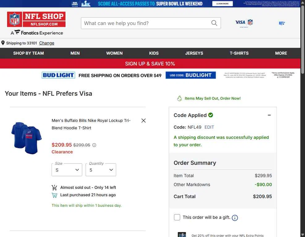Buffalo Bills checkout page showing Buffalo Bills promo code box | Screenshot taken by SimplyCodes community member on Feb 5, 2026