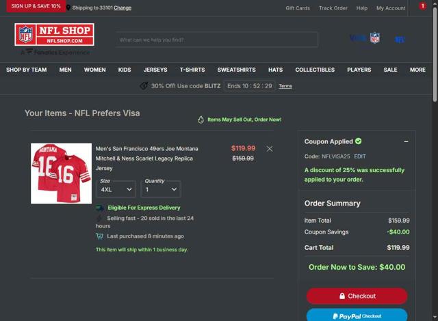 Buffalo Bills checkout page showing Buffalo Bills promo code box | Screenshot taken by SimplyCodes community member on Oct 4, 2025