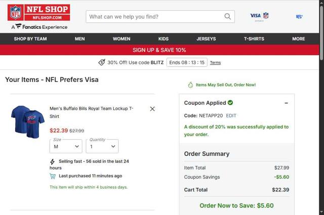 Buffalo Bills checkout page showing Buffalo Bills promo code box | Screenshot taken by SimplyCodes community member on Oct 4, 2025