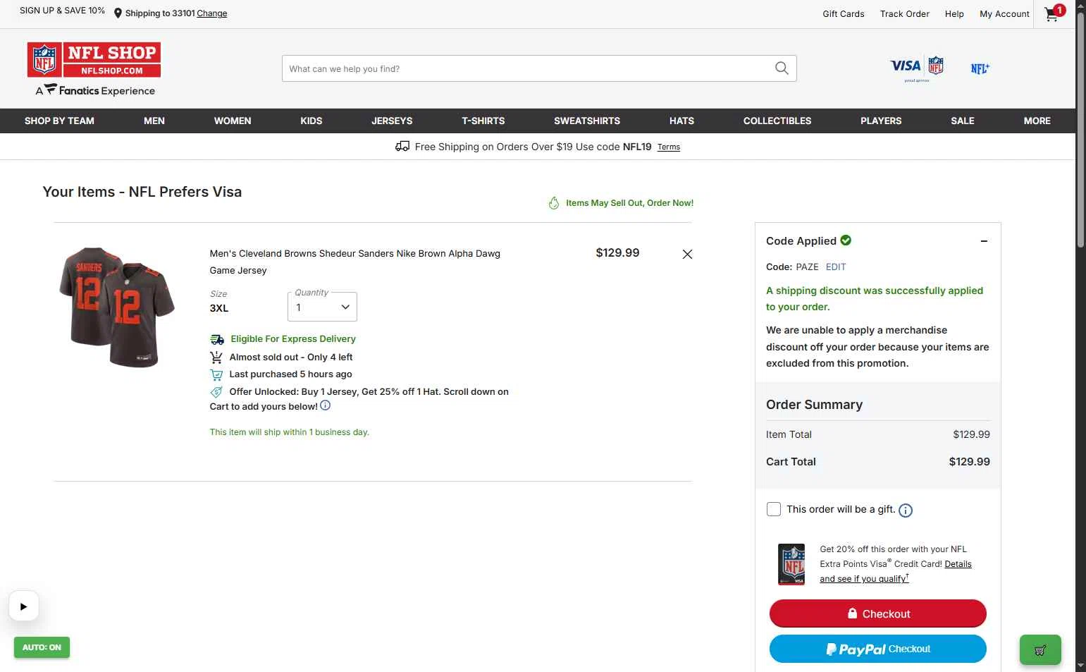 Buffalo Bills checkout page showing Buffalo Bills promo code box | Screenshot taken by SimplyCodes community member on Jan 11, 2026
