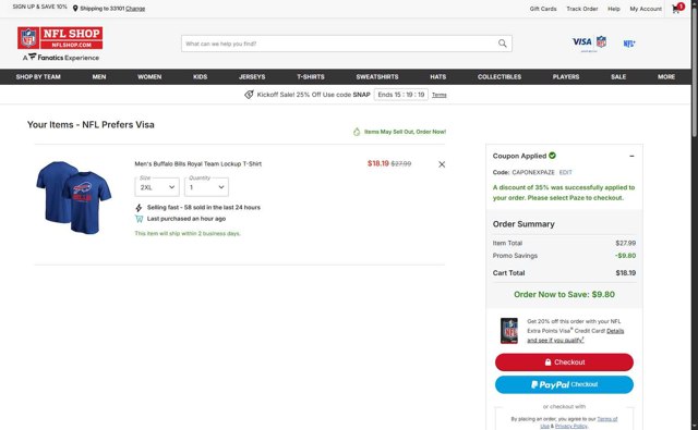 Buffalo Bills checkout page showing Buffalo Bills promo code box | Screenshot taken by SimplyCodes community member on Sep 6, 2025