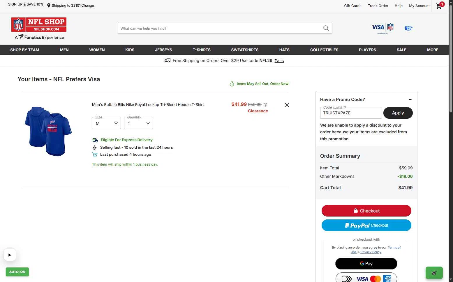Buffalo Bills checkout page showing Buffalo Bills promo code box | Screenshot taken by SimplyCodes community member on Jan 17, 2026