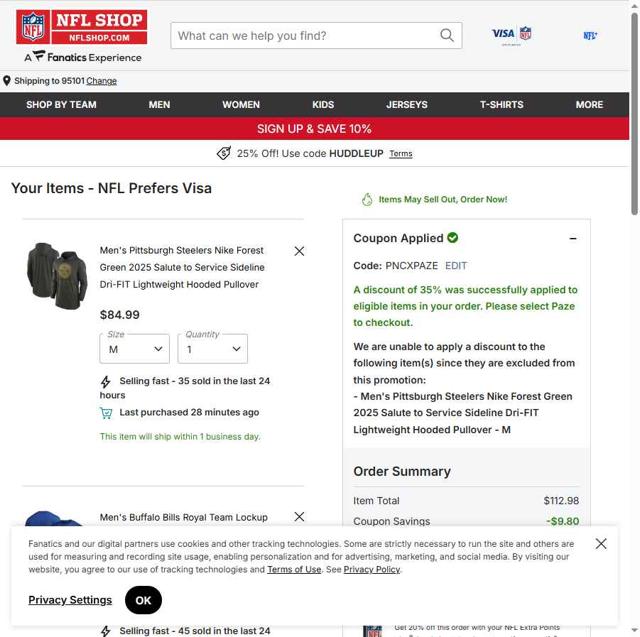 Buffalo Bills checkout page showing Buffalo Bills promo code box | Screenshot taken by SimplyCodes community member on Oct 3, 2025