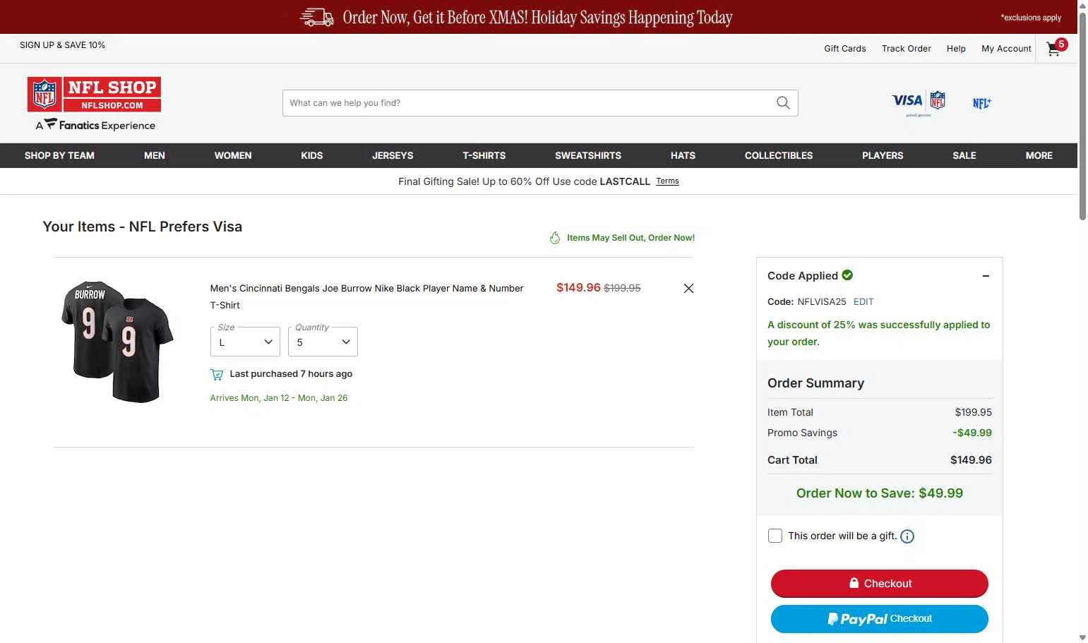 Buffalo Bills checkout page showing Buffalo Bills promo code box | Screenshot taken by SimplyCodes community member on Dec 20, 2025