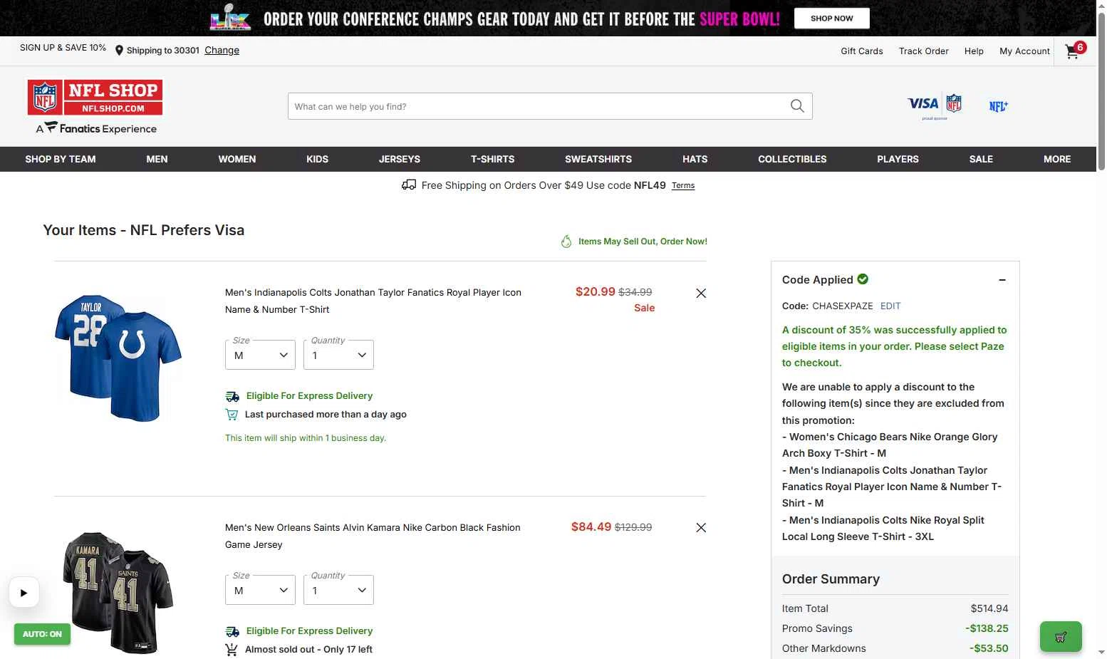 Buffalo Bills checkout page showing Buffalo Bills promo code box | Screenshot taken by SimplyCodes community member on Feb 3, 2026