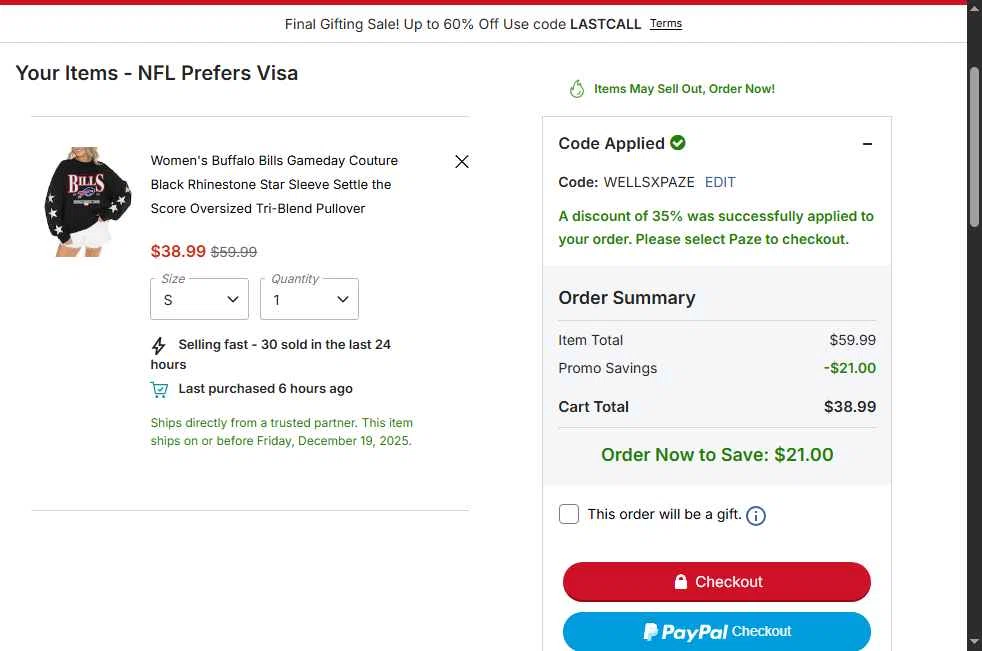 Buffalo Bills checkout page showing Buffalo Bills promo code box | Screenshot taken by SimplyCodes community member on Dec 19, 2025