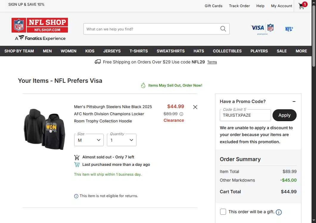 Buffalo Bills checkout page showing Buffalo Bills promo code box | Screenshot taken by SimplyCodes community member on Feb 24, 2026