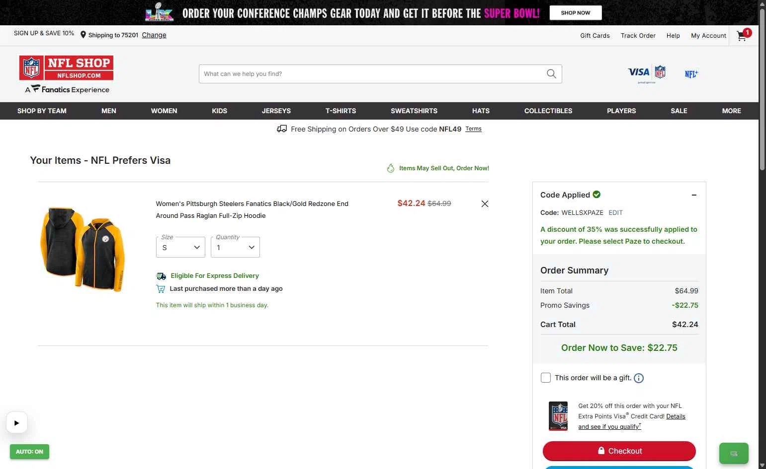 Buffalo Bills checkout page showing Buffalo Bills promo code box | Screenshot taken by SimplyCodes community member on Feb 1, 2026