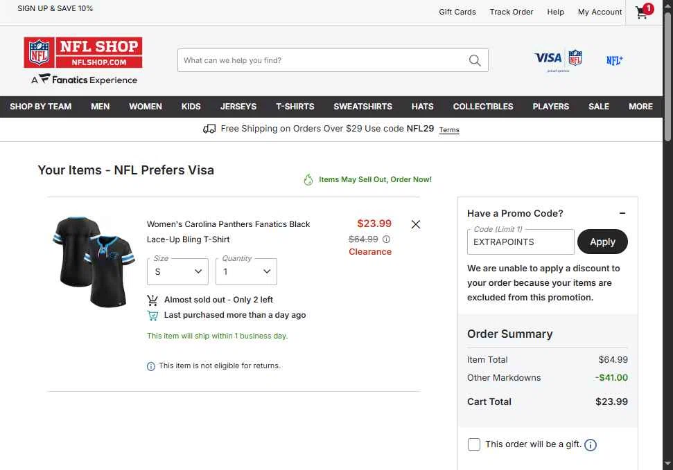 Buffalo Bills checkout page showing Buffalo Bills promo code box | Screenshot taken by SimplyCodes community member on Jan 14, 2026
