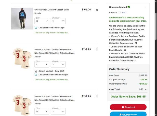 Buffalo Bills checkout page showing Buffalo Bills promo code box | Screenshot taken by SimplyCodes community member on Oct 5, 2025