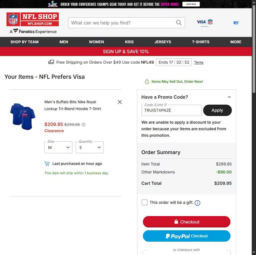 Buffalo Bills checkout page showing Buffalo Bills promo code box | Screenshot taken by SimplyCodes community member on Feb 2, 2026