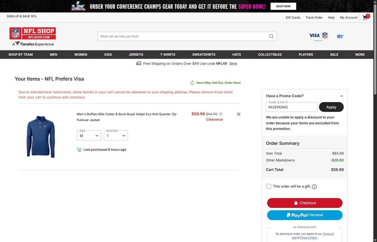 Buffalo Bills checkout page showing Buffalo Bills promo code box | Screenshot taken by SimplyCodes community member on Feb 3, 2026