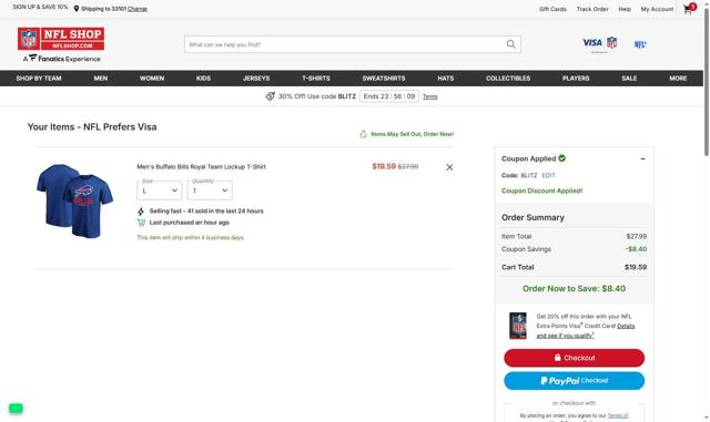 Buffalo Bills checkout page showing Buffalo Bills promo code box | Screenshot taken by SimplyCodes community member on Oct 4, 2025