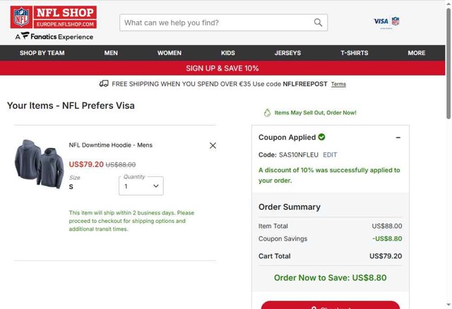 Buffalo Bills checkout page showing Buffalo Bills promo code box | Screenshot taken by SimplyCodes community member on Sep 8, 2025