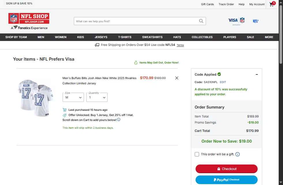 Buffalo Bills checkout page showing Buffalo Bills promo code box | Screenshot taken by SimplyCodes community member on Feb 21, 2026