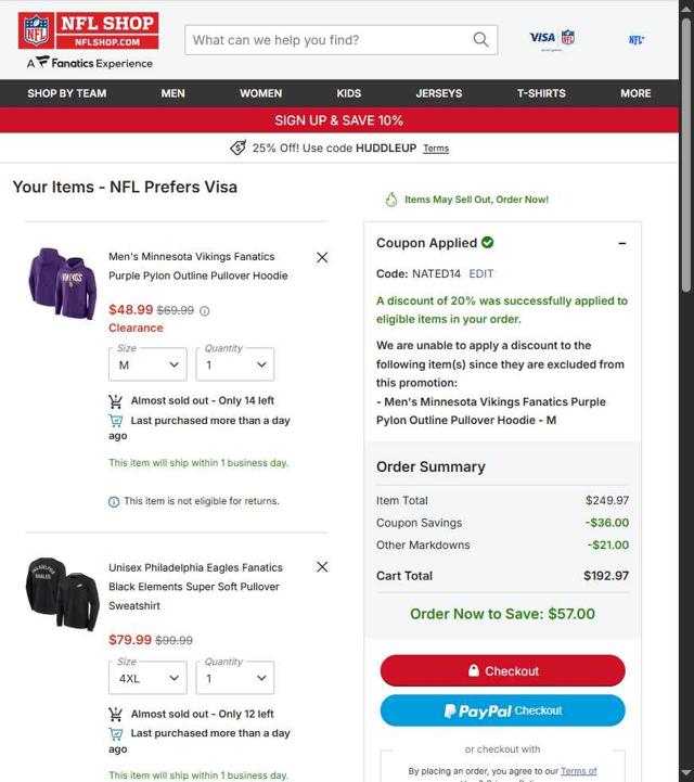 Buffalo Bills checkout page showing Buffalo Bills promo code box | Screenshot taken by SimplyCodes community member on Oct 3, 2025