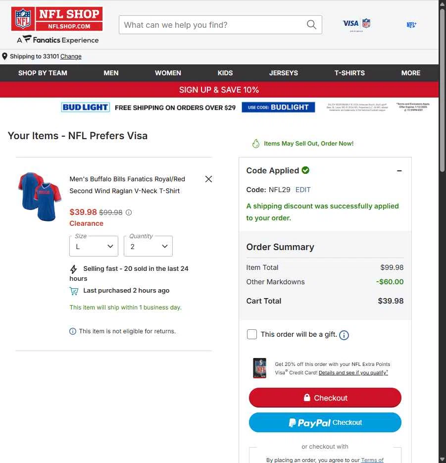 Buffalo Bills checkout page showing Buffalo Bills promo code box | Screenshot taken by SimplyCodes community member on Jan 13, 2026