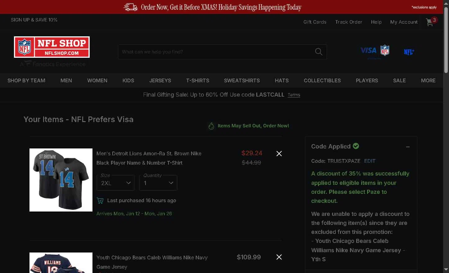 Buffalo Bills checkout page showing Buffalo Bills promo code box | Screenshot taken by SimplyCodes community member on Dec 19, 2025