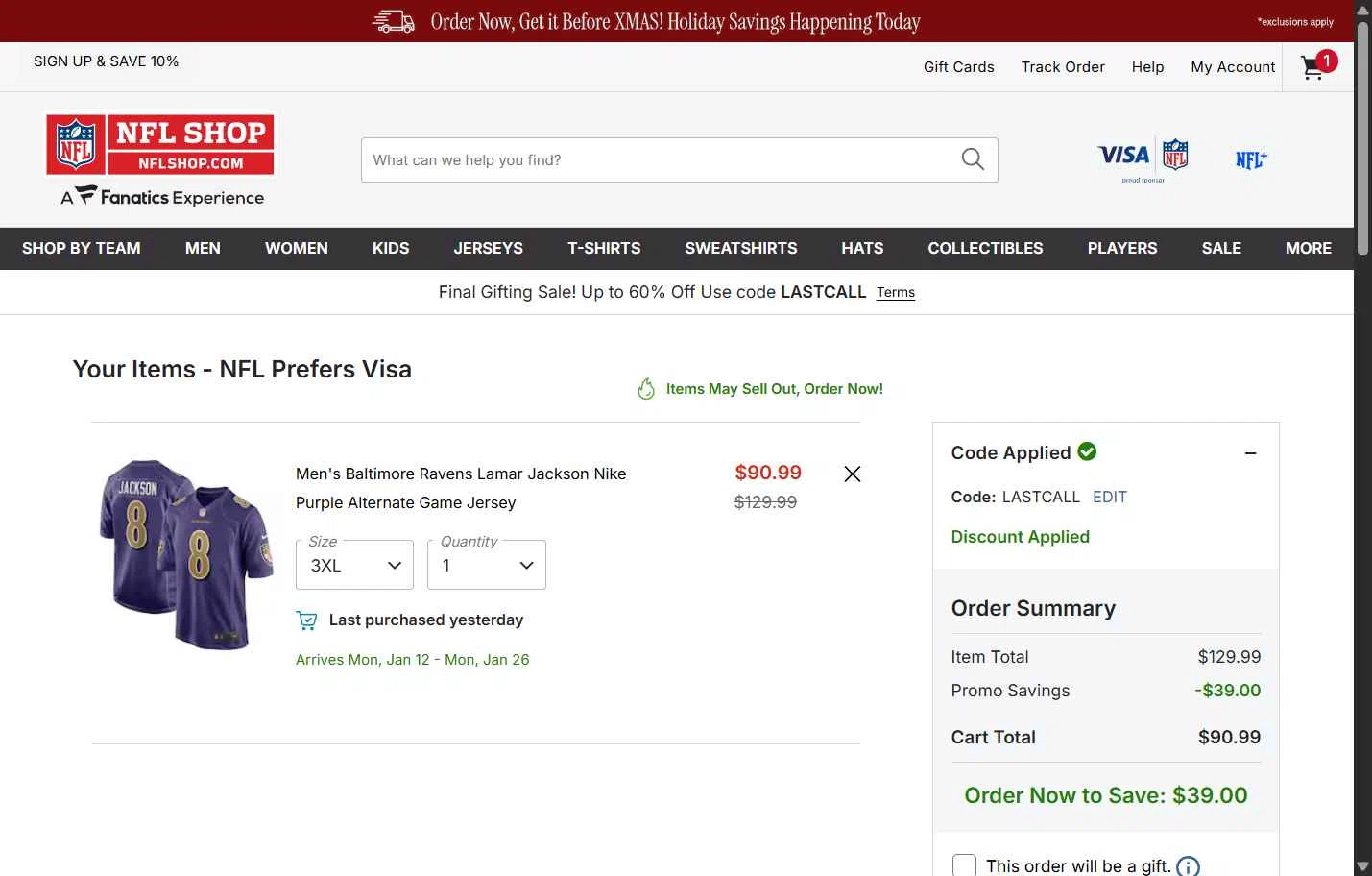 Buffalo Bills checkout page showing Buffalo Bills promo code box | Screenshot taken by SimplyCodes community member on Dec 19, 2025