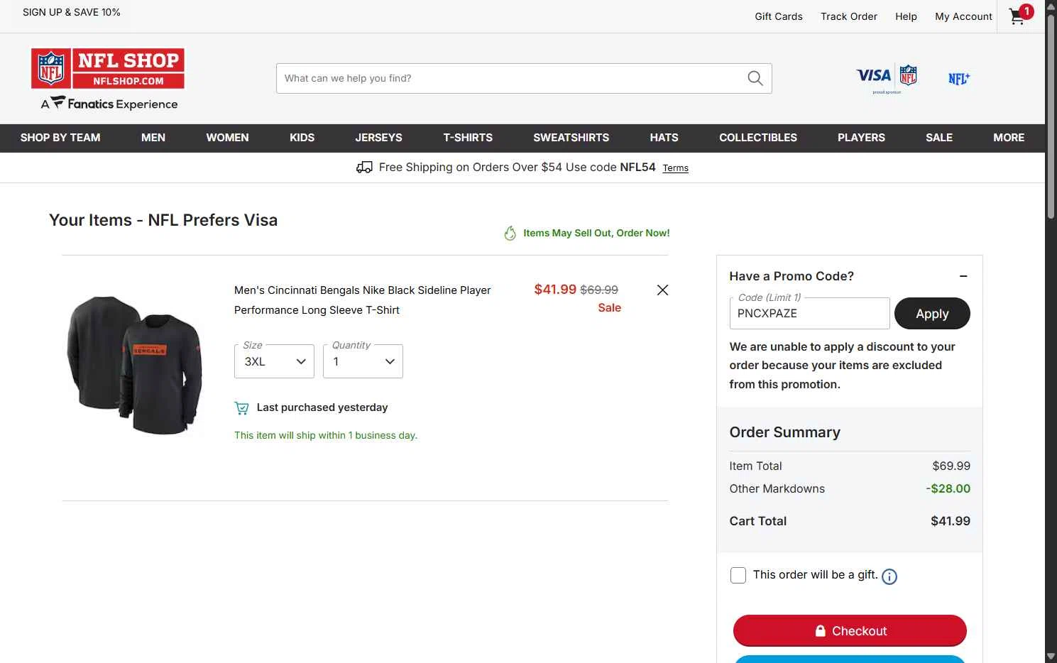 Buffalo Bills checkout page showing Buffalo Bills promo code box | Screenshot taken by SimplyCodes community member on Feb 23, 2026