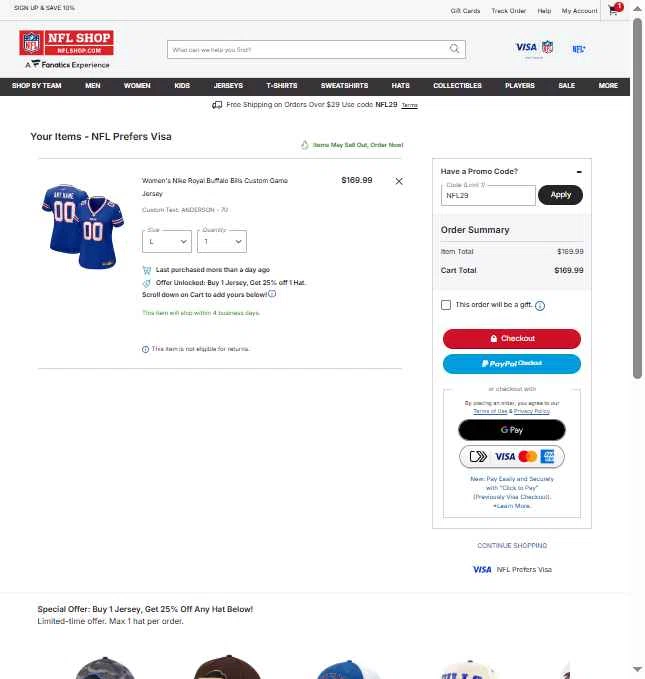 Buffalo Bills checkout page showing Buffalo Bills promo code box | Screenshot taken by SimplyCodes community member on Feb 24, 2026