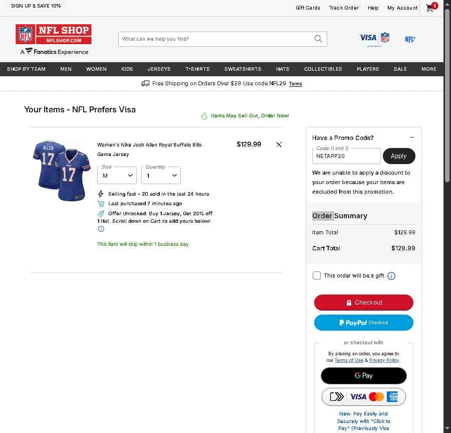 Buffalo Bills checkout page showing Buffalo Bills promo code box | Screenshot taken by SimplyCodes community member on Jan 11, 2026
