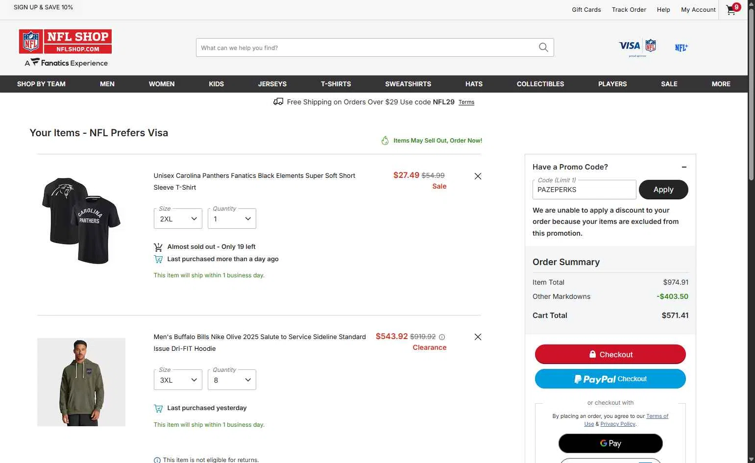 Buffalo Bills checkout page showing Buffalo Bills promo code box | Screenshot taken by SimplyCodes community member on Feb 25, 2026