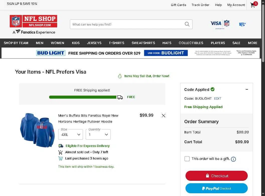 Buffalo Bills checkout page showing Buffalo Bills promo code box | Screenshot taken by SimplyCodes community member on Jan 13, 2026