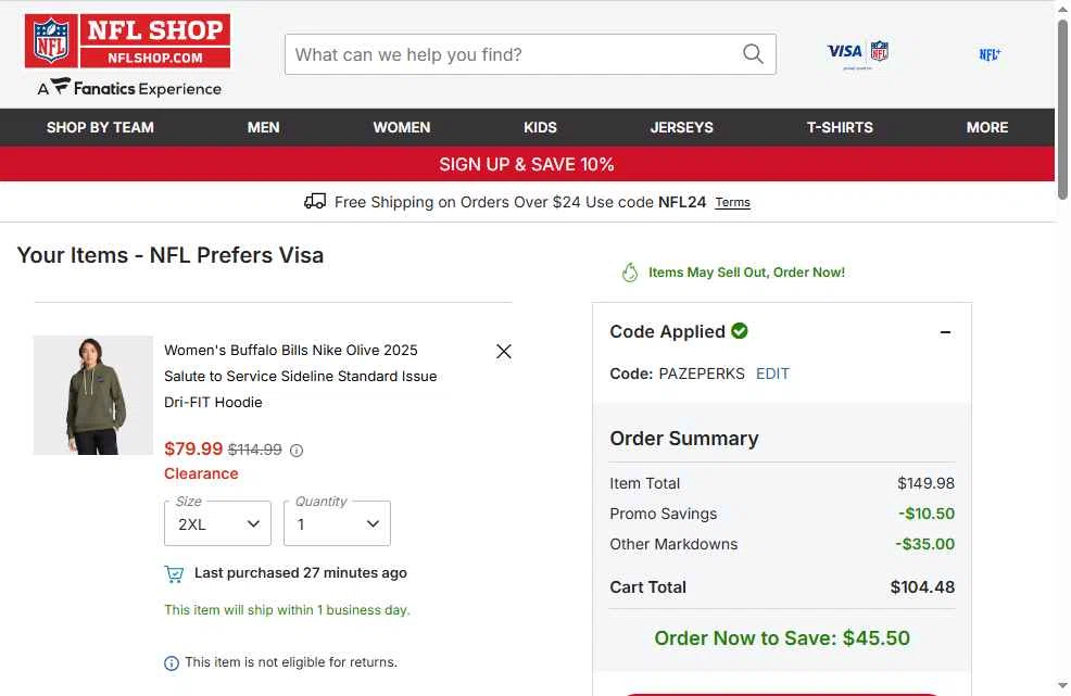 Buffalo Bills checkout page showing Buffalo Bills promo code box | Screenshot taken by SimplyCodes community member on Jan 13, 2026
