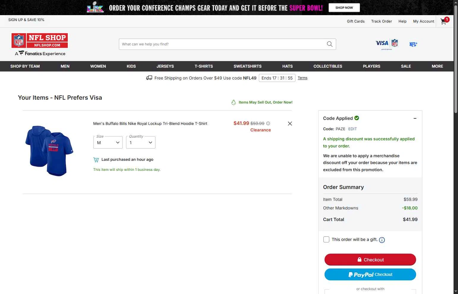 Buffalo Bills checkout page showing Buffalo Bills promo code box | Screenshot taken by SimplyCodes community member on Feb 2, 2026