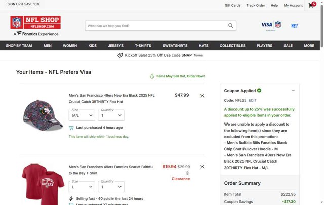Buffalo Bills checkout page showing Buffalo Bills promo code box | Screenshot taken by SimplyCodes community member on Sep 5, 2025