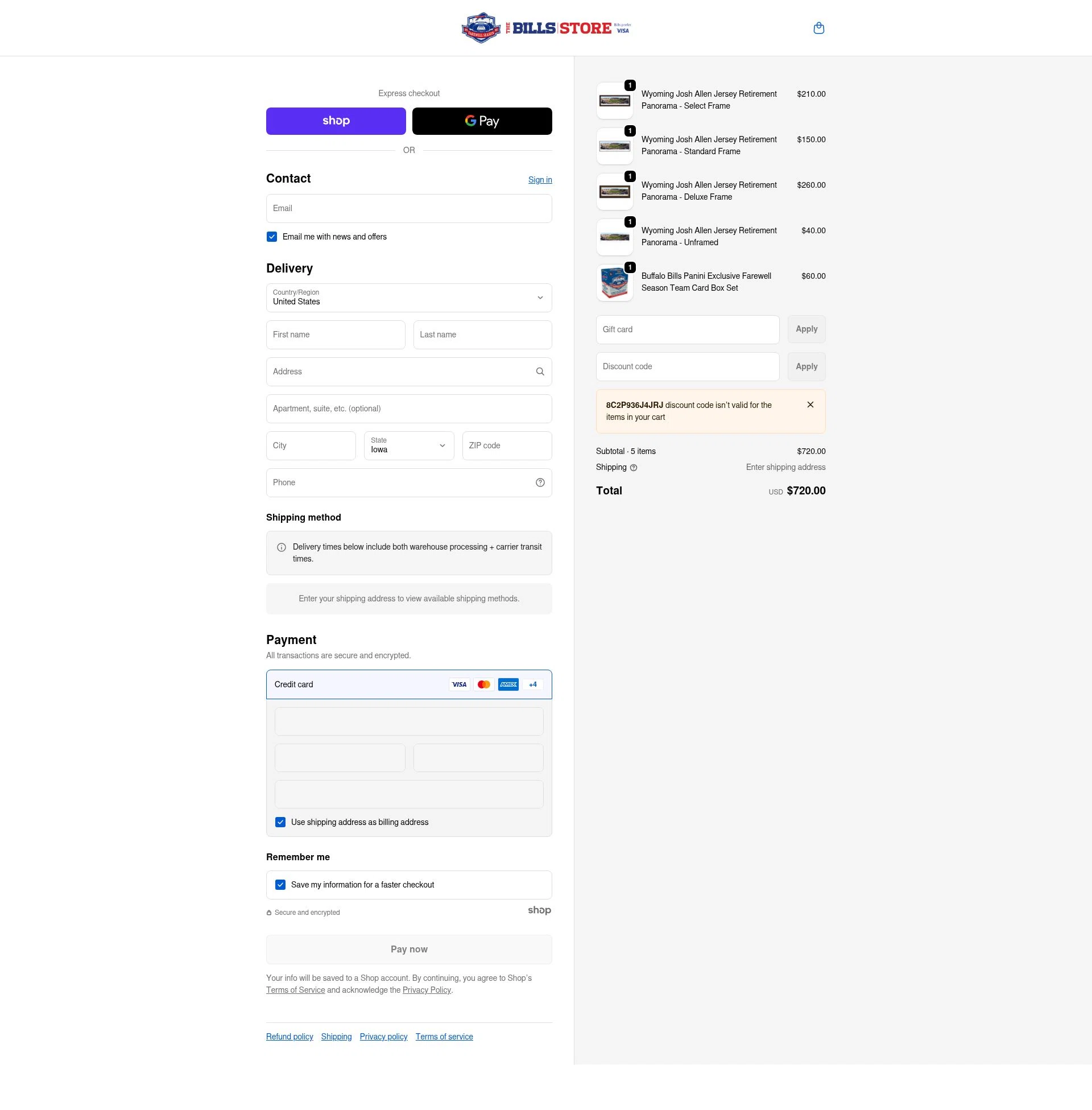 Buffalo Bills Shop checkout page showing Buffalo Bills Shop promo code box | Screenshot taken by SimplyCodes community member on Dec 25, 2025