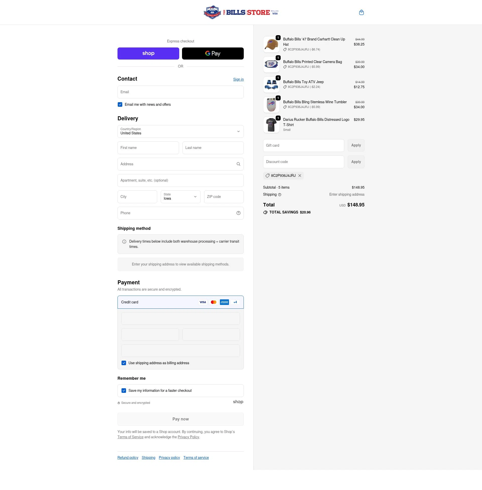 Buffalo Bills Shop checkout page showing Buffalo Bills Shop promo code box | Screenshot taken by SimplyCodes community member on Jan 9, 2026