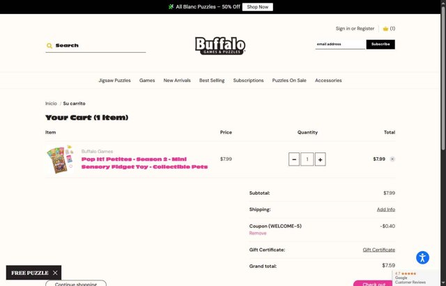 Buffalo Games checkout page showing Buffalo Games coupon code box | Screenshot taken by SimplyCodes community member on Aug 13, 2025