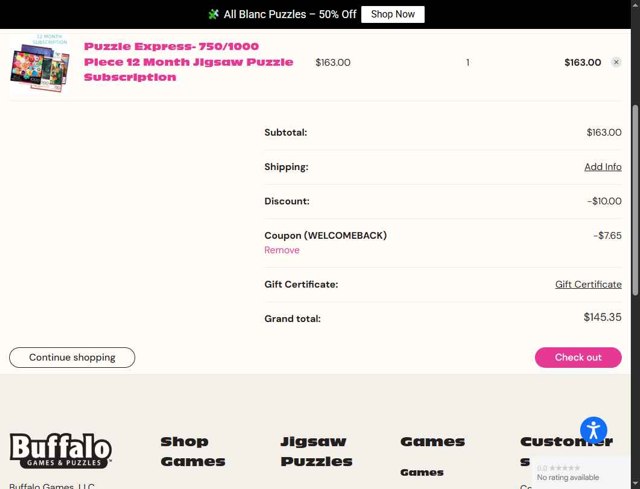 Buffalo Games checkout page showing Buffalo Games coupon code box | Screenshot taken by SimplyCodes community member on Aug 13, 2025